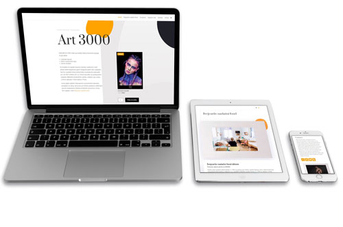 Mockup zobrazení vytvořeného webu Art-3000 na počítači, tabletu a telefonu.