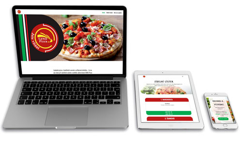 Mockup zobrazení vytvořeného webu Gino Pizza na počítači, tabletu a telefonu.