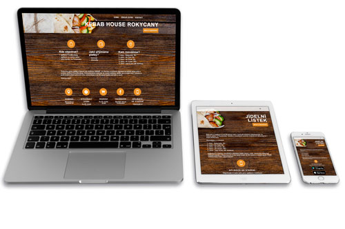 Mockup zobrazení vytvořeného webu Kebab House Rokycany na počítači, tabletu a telefonu.