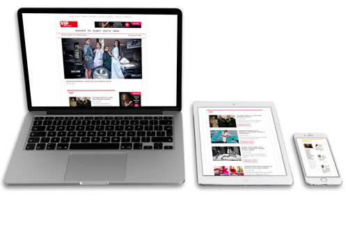 Mockup zobrazení vytvořeného magazínu Vip Online na počítači, tabletu a telefonu.