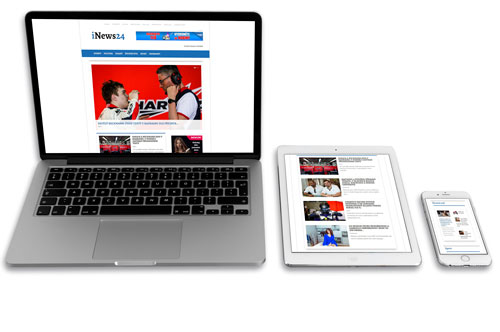Mockup zobrazení vytvořeného magazínu iNews24 na počítači, tabletu a telefonu.